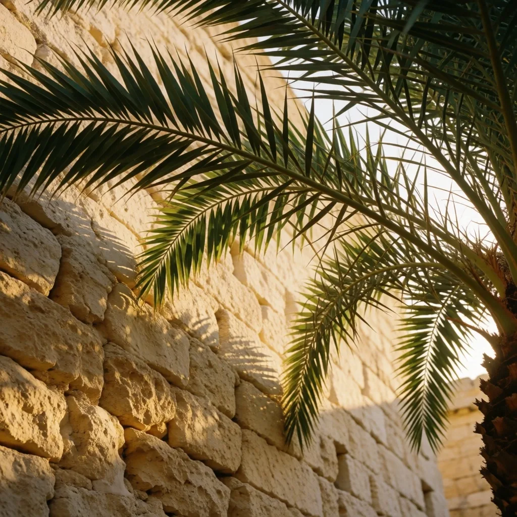 Palm fronds against weathered limestone at golden hour