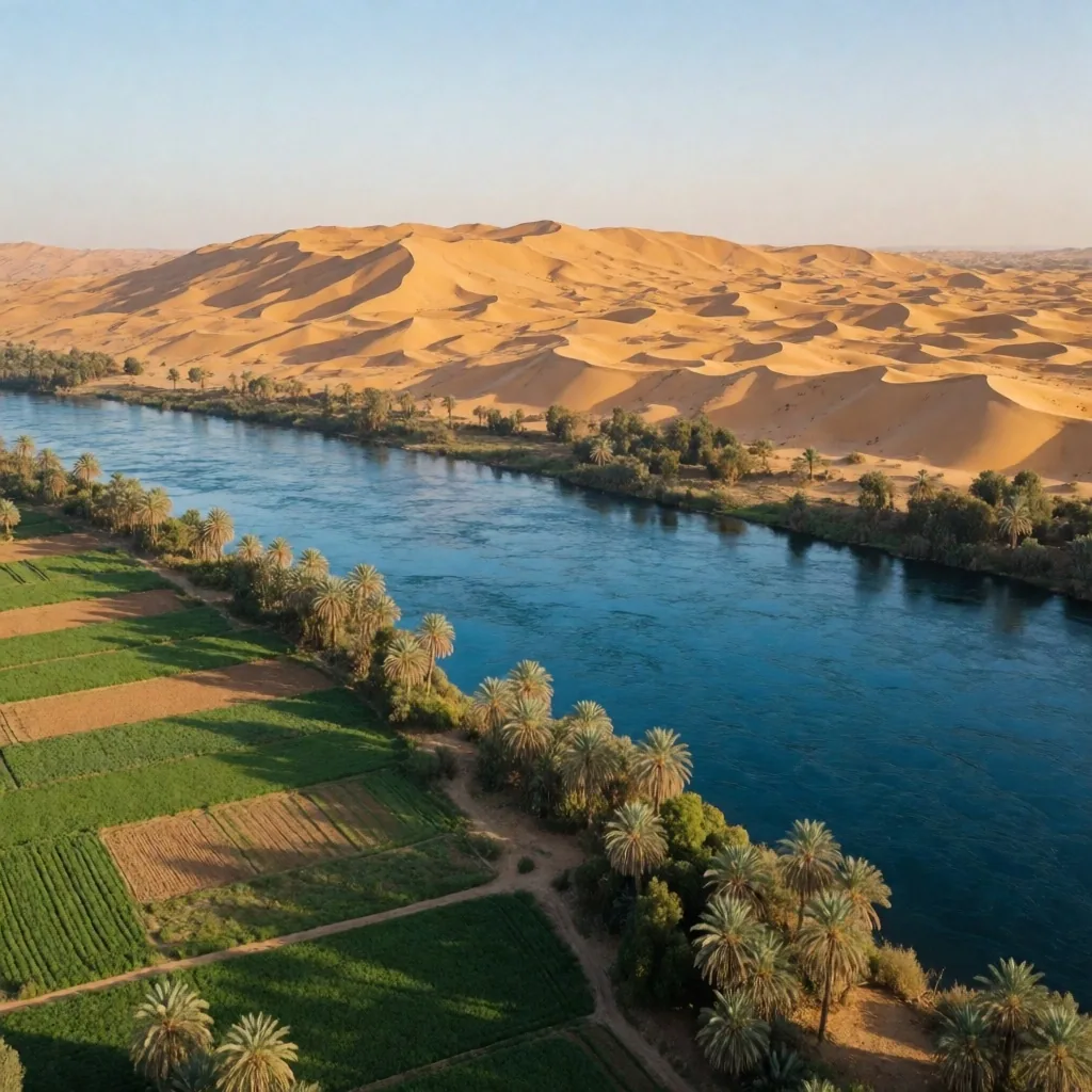 The Nile river bordered by palm groves and desert