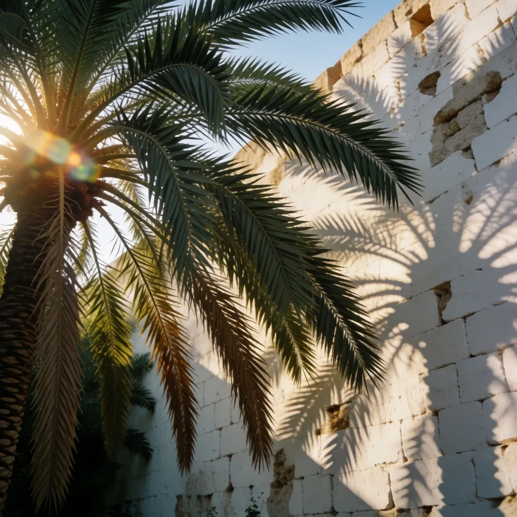 Palm trees against a limestone wall in late afternoon light