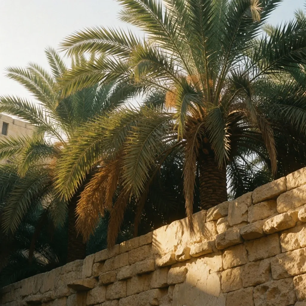 Palm canopy against limestone wall in golden afternoon light