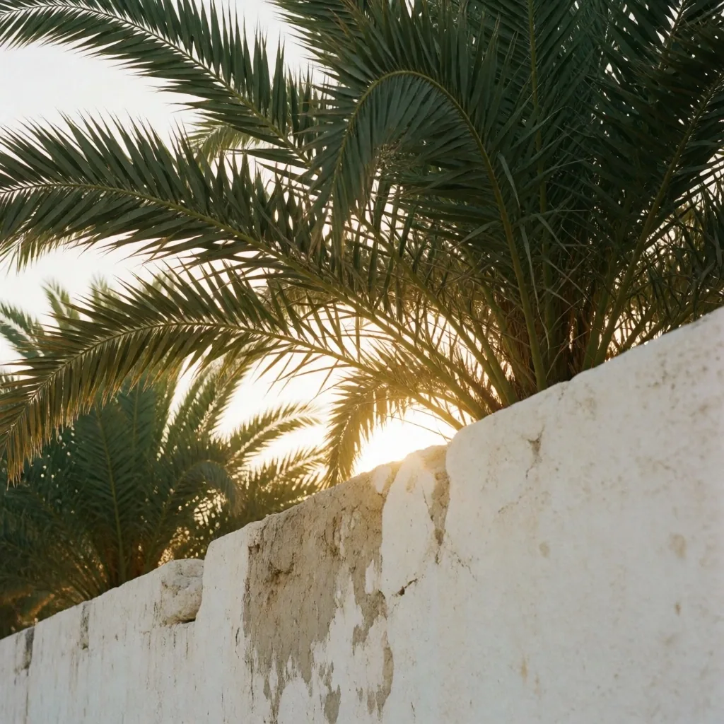 Palm canopies above a limestone wall in late afternoon light