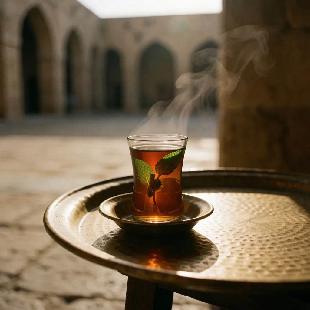 Glass of tea on a stone ledge