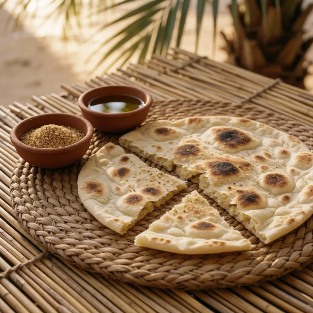 Shared flatbread on a reed mat