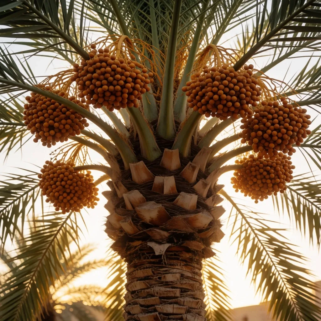 Date palm with ripening fruit clusters