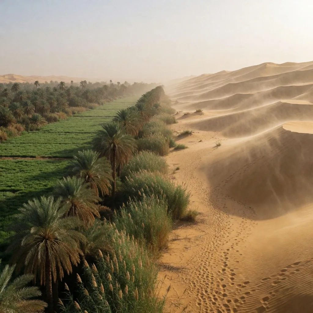Fertile corridor meeting desert plateau