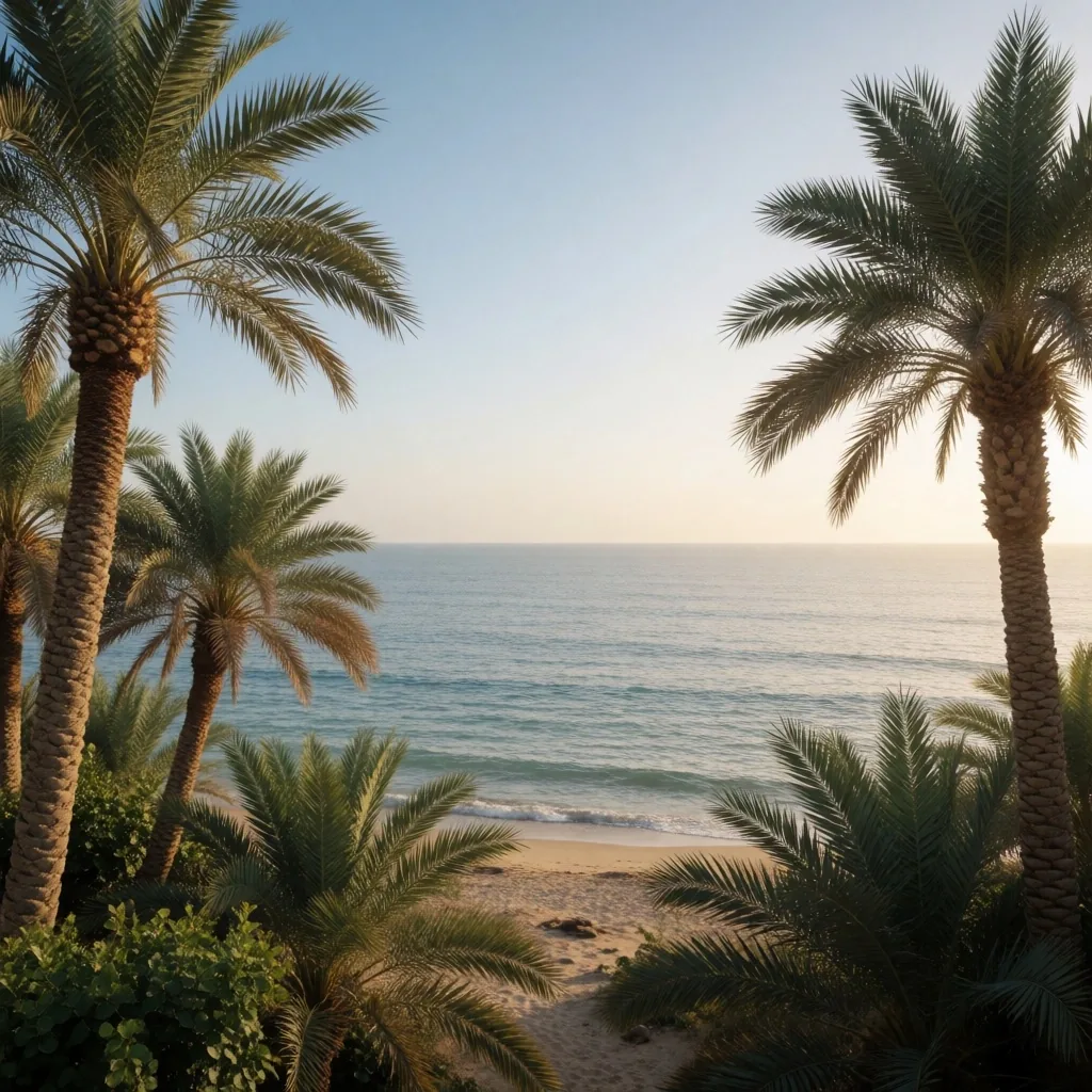 Palm-lined shoreline at golden hour