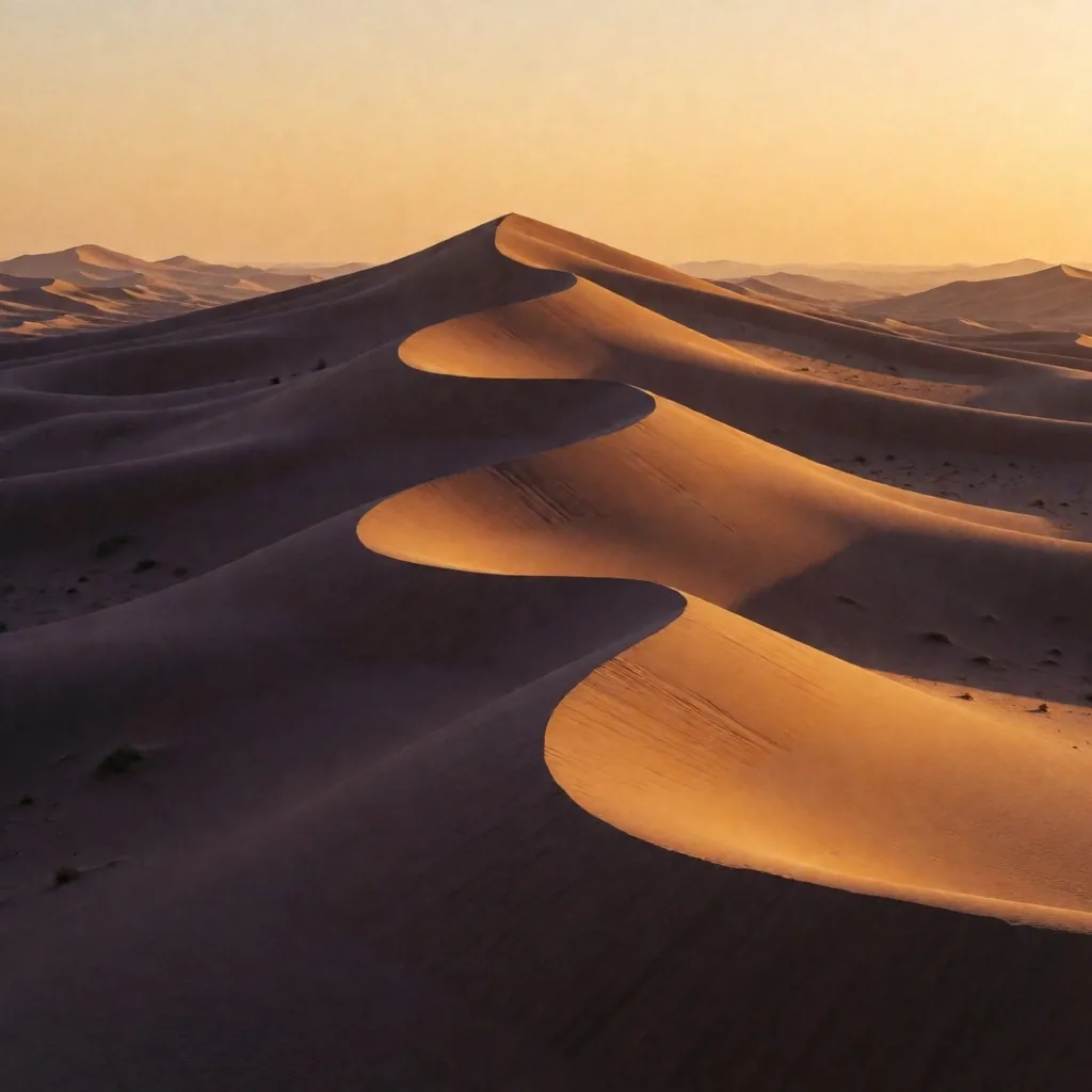 Wind-shaped desert dunes at low sun