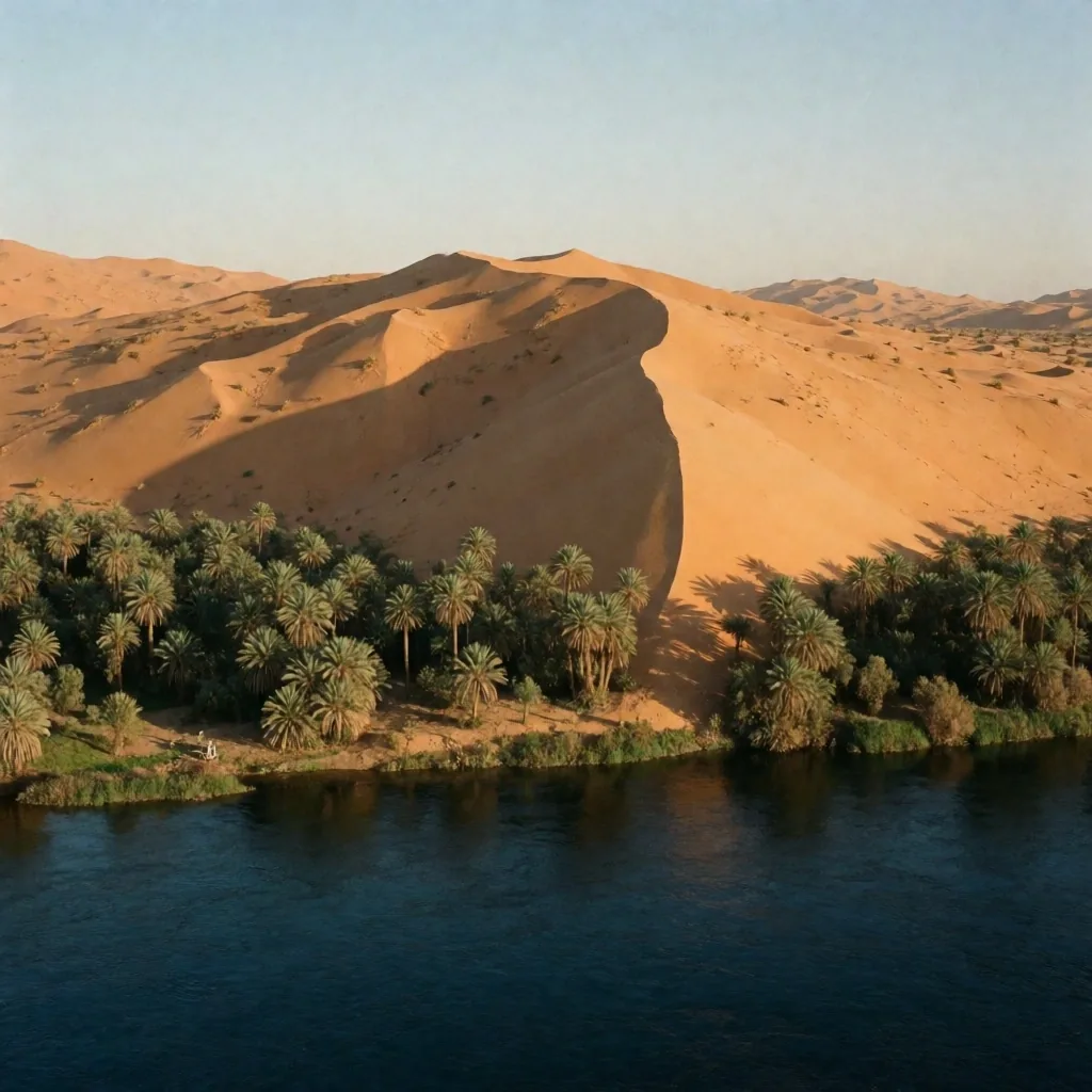 Aerial view of palm groves along a riverbank near desert