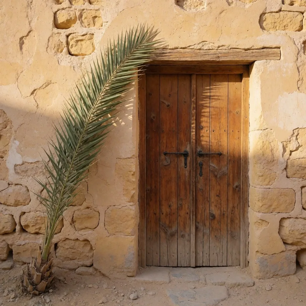 Palm trees against a stone wall in golden afternoon light