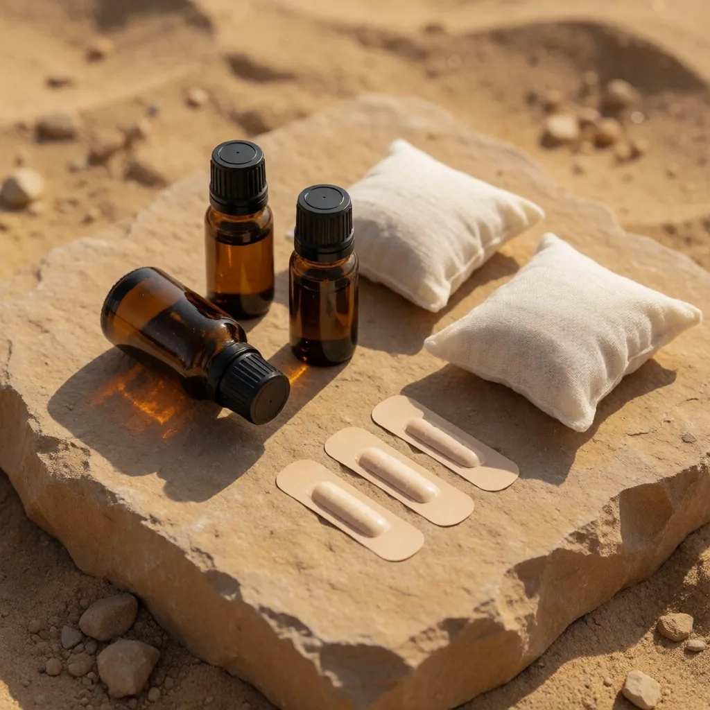 Travel health kit on sandstone surface