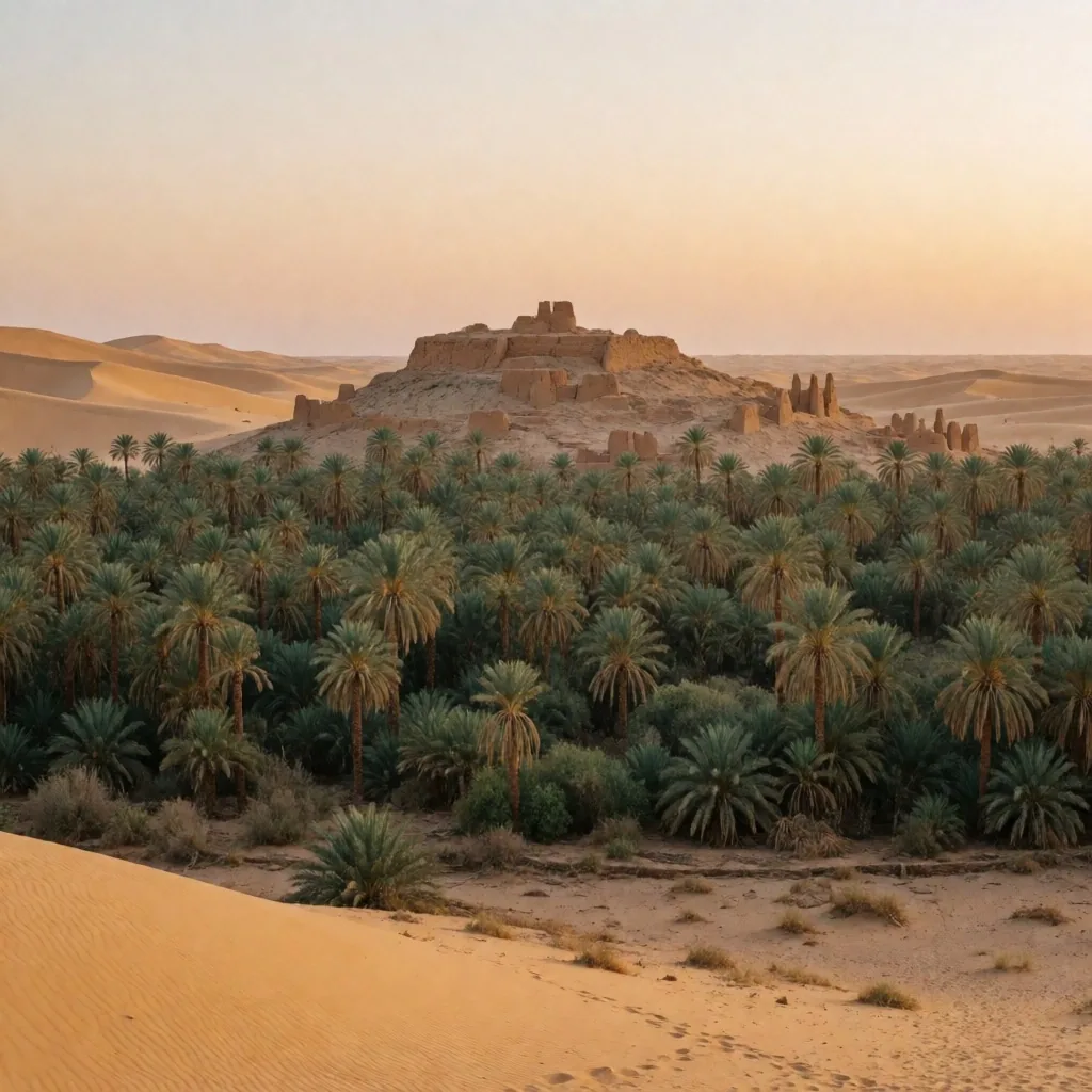 Desert oasis with palm groves and spring