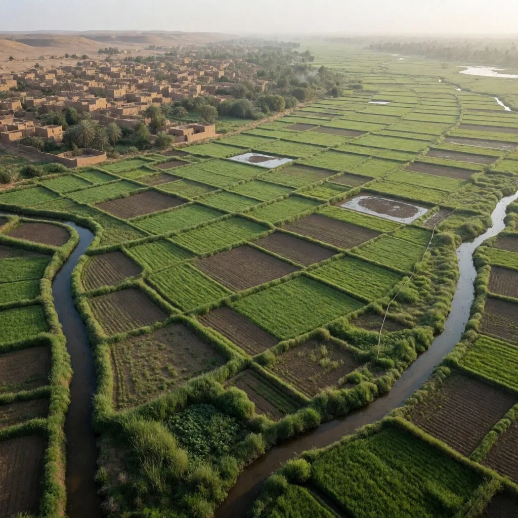 Green Nile valley with palms and river