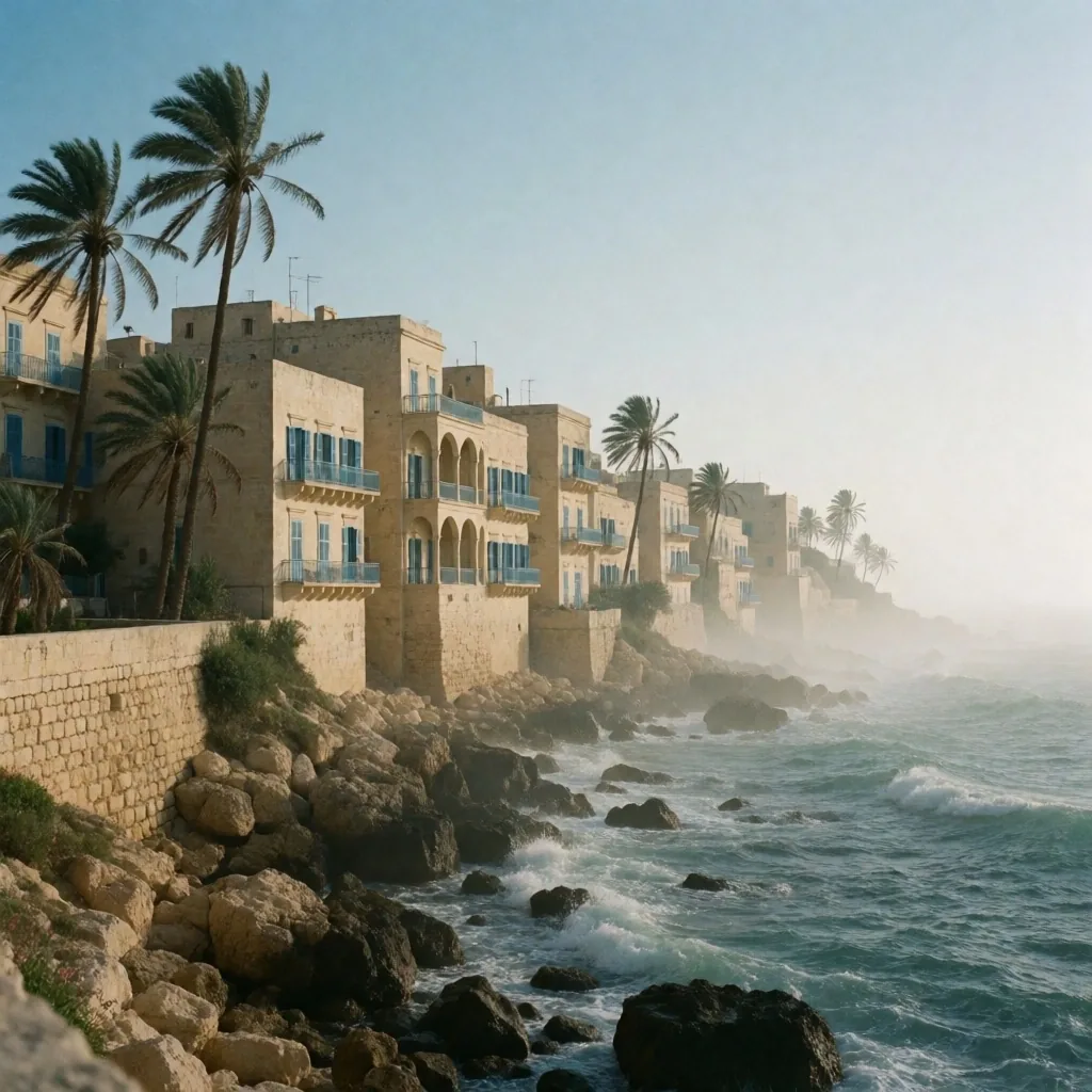 Mediterranean coastal architecture with palms