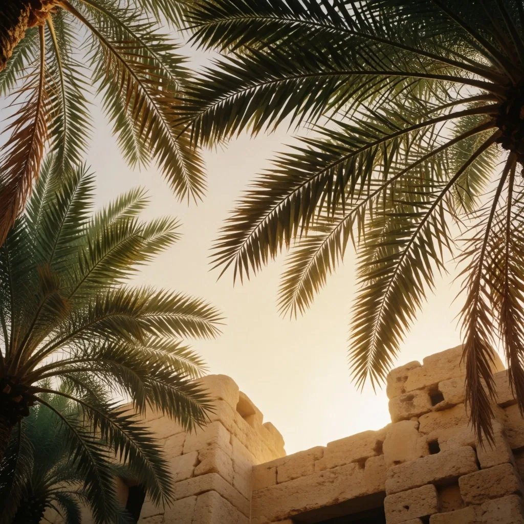 Palm canopy against golden sky