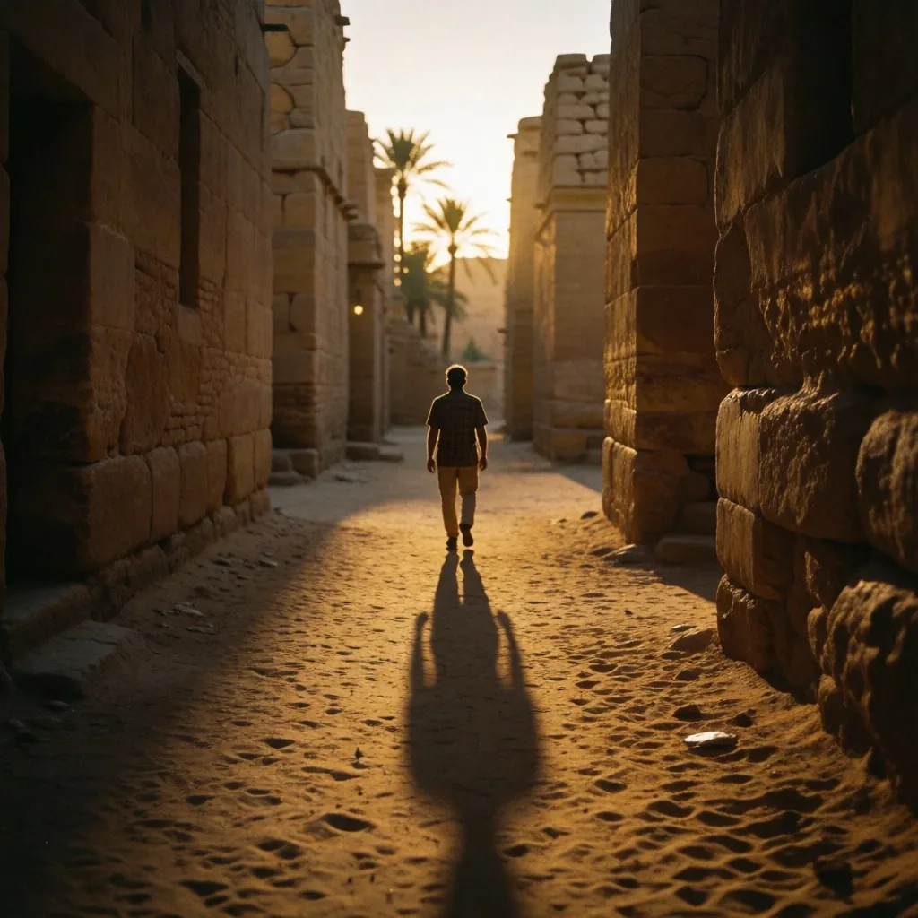 A lone traveler's shadow on a sandstone street at dusk