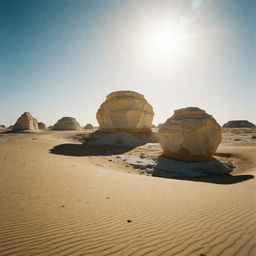 Open desert with sand dunes and distant rock formations