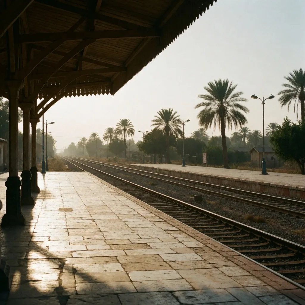 Sunlit train platform with palm trees in the distance
