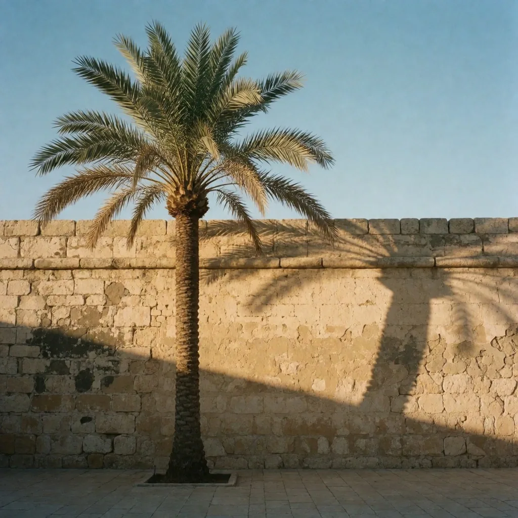 Palm tree beside stone wall in afternoon light